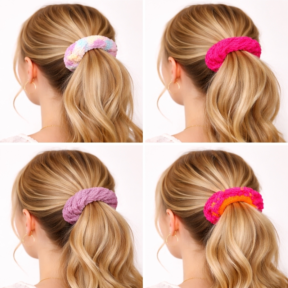 Handmade Textured Crocheted Scrunchies Ponytail Holder Hair Tie Set Of 4 - New